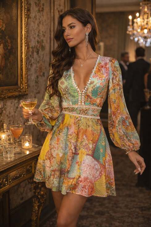 ZESICA Dresses & Skirts - Boho V-Neck Long Sleeve Patchwork Paisley Mini Dress, Size L